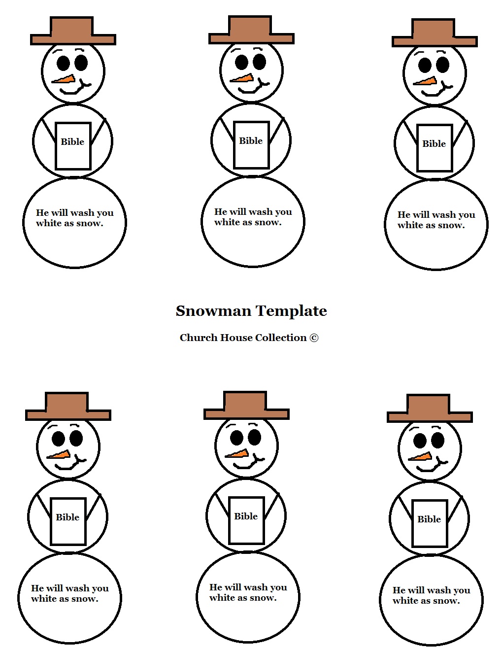 Free Christmas Snowman Holding A Bible "He Will Wash You White As Snow" printable Template Cutout for Kids in Sunday School by Church House Collection